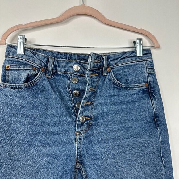 2/$30 Topshop Straight High Rise Button-fly Straight Raw Hem Mid Blue W28 #9288 - Picture 5 of 10